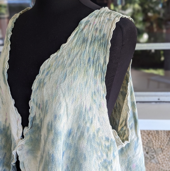 Artsy Tie Dye Gauze Vest Green Hippie Vacation Lagenlook Bohemian Sleeveless - Picture 5 of 11